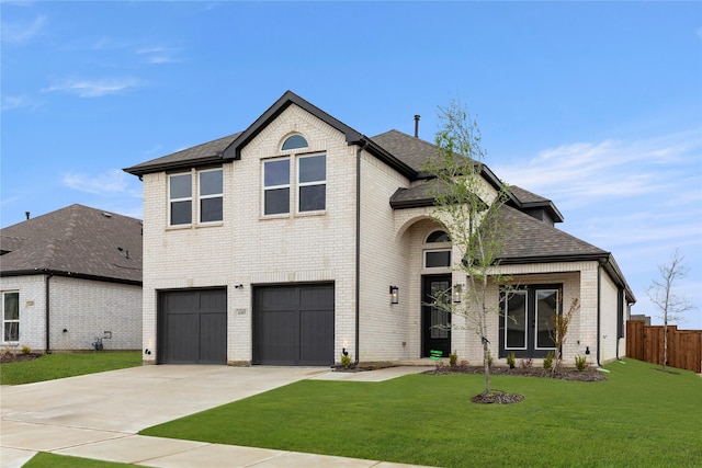 view of front of property with brick siding, concrete driveway, a garage, and a front lawn
