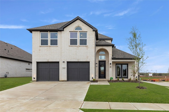 view of front of house with driveway, a front yard, brick siding, and roof with shingles