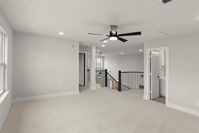 spare room featuring recessed lighting, baseboards, carpet floors, and ceiling fan