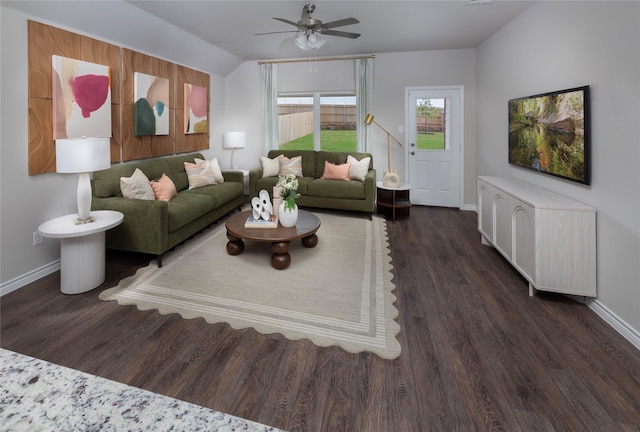 5056 Cervinae Rd, Fort Worth, TX 76036 - living room featuring baseboards, ceiling fan, wood finished floors, and lofted ceiling