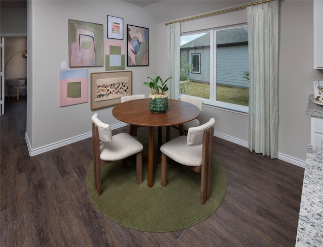 5056 Cervinae Rd, Fort Worth, TX 76036 - dining space with baseboards, dark wood finished floors, and vaulted ceiling
