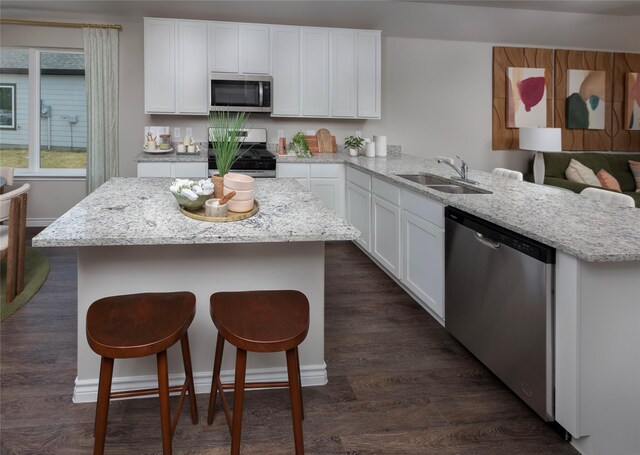 5056 Cervinae Rd, Fort Worth, TX 76036 - kitchen with appliances with stainless steel finishes, a sink, white cabinetry, a peninsula, and dark wood-style floors