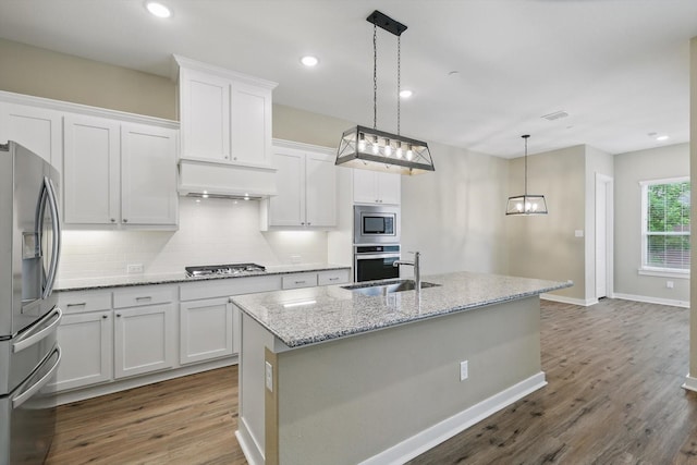 2757 S Market Sq, Northlake, TX 76247 - kitchen with appliances with stainless steel finishes, ventilation hood, a sink, tasteful backsplash, and white cabinets
