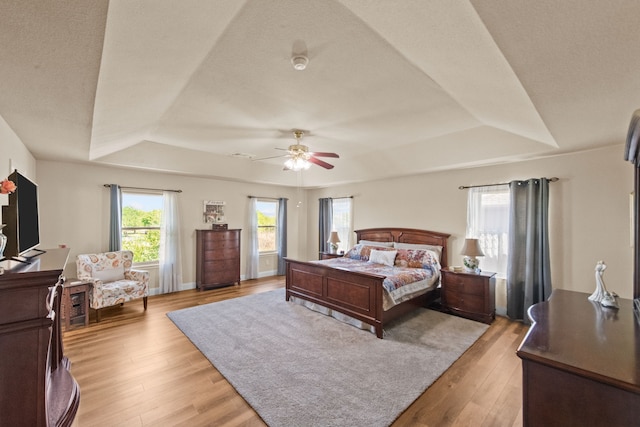 4167 Prairie Meadow Ct, Fort Worth, TX 76244 - bedroom featuring a tray ceiling, light wood-type flooring, and ceiling fan