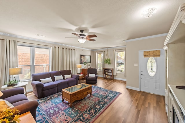 4167 Prairie Meadow Ct, Fort Worth, TX 76244 - living area with crown molding, ceiling fan, wood finished floors, and baseboards