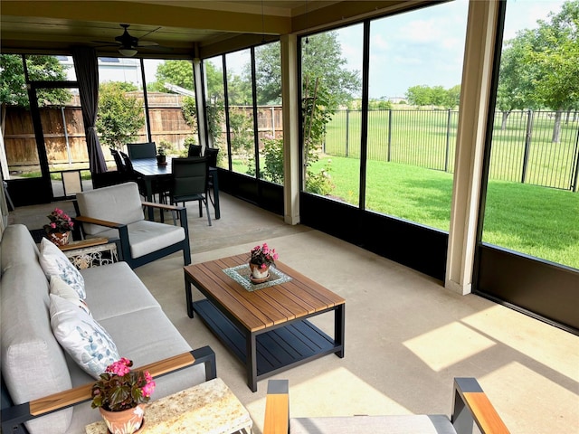 4167 Prairie Meadow Ct, Fort Worth, TX 76244 - sunroom / solarium featuring ceiling fan, an outdoor living space, and outdoor dining space
