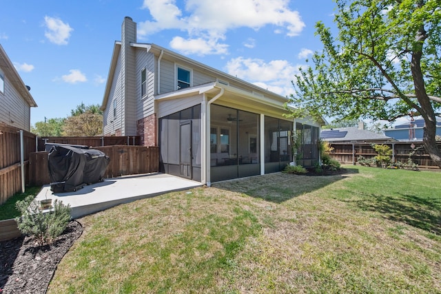 4167 Prairie Meadow Ct, Fort Worth, TX 76244 - back of property featuring a sunroom, a chimney, a patio area, brick siding, and ceiling fan