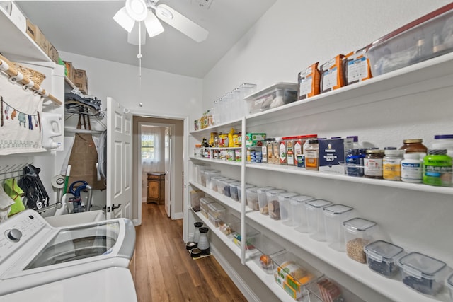 4167 Prairie Meadow Ct, Fort Worth, TX 76244 - laundry area with wood finished floors, washer / dryer, and a ceiling fan