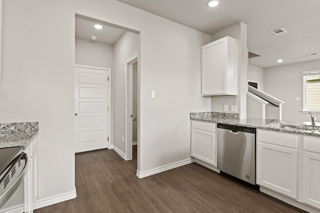 10569 Taruca Dr, Fort Worth, TX 76036 - kitchen with dishwasher, dark wood-type flooring, light stone countertops, white cabinets, and recessed lighting