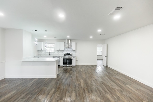kitchen with tasteful backsplash, a healthy amount of sunlight, stainless steel appliances, a sink, and wall chimney exhaust hood