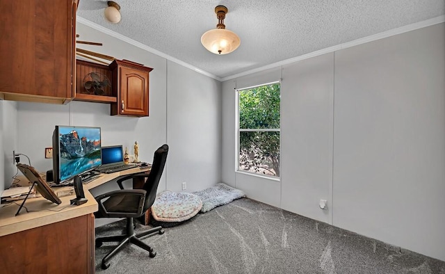 office featuring carpet flooring, a textured ceiling, and ornamental molding