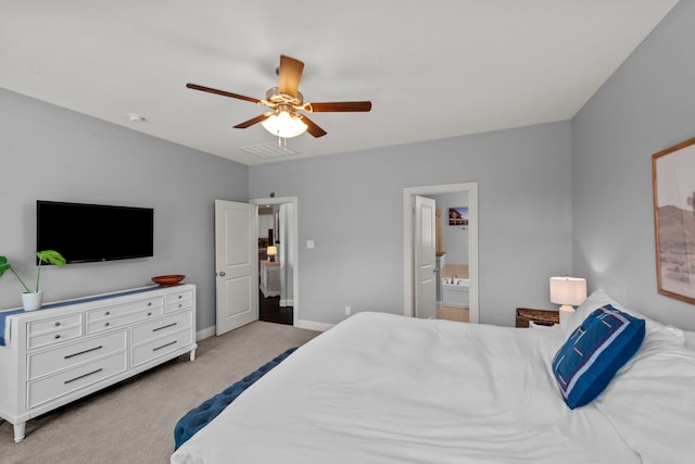 11317 Denet Creek Ln, Fort Worth, TX 76108 - bedroom with baseboards, visible vents, light colored carpet, a ceiling fan, and connected bathroom