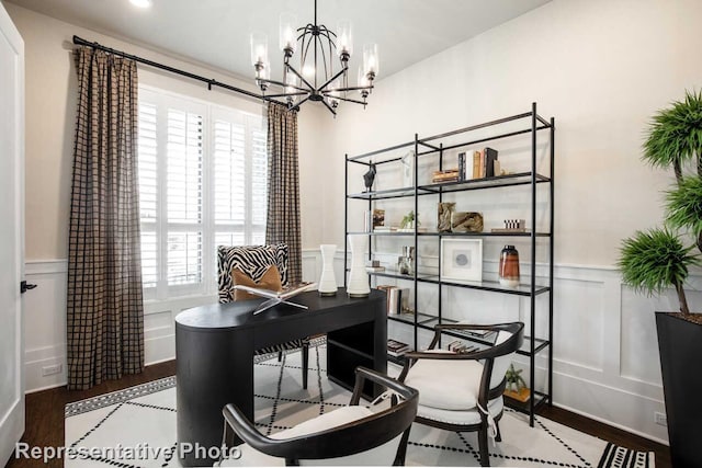 2352 Flora Dr, Mclendon Chisholm, TX 75032 - office area with a chandelier, a decorative wall, a wainscoted wall, and wood finished floors