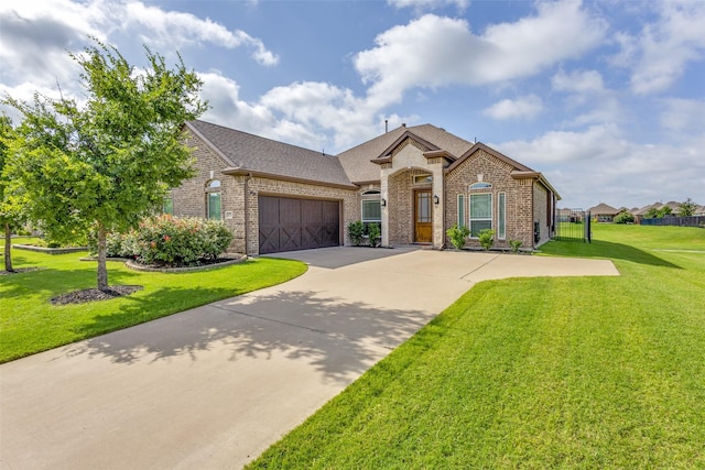 3721 Homeplace Dr, Celina, TX 75009 - french country inspired facade with brick siding, an attached garage, concrete driveway, and a front lawn