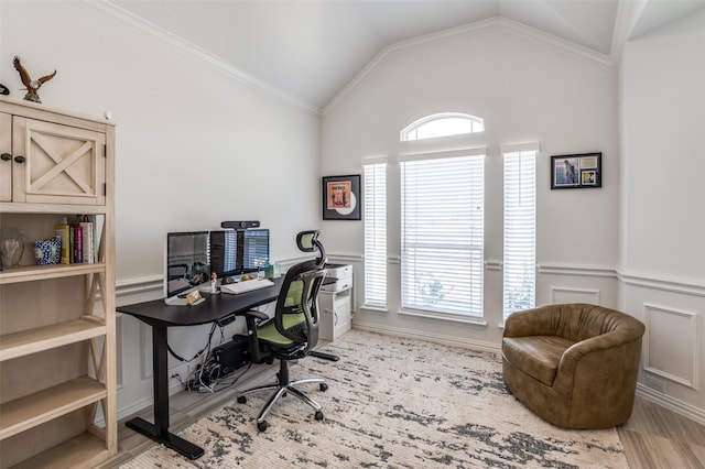 3721 Homeplace Dr, Celina, TX 75009 - office with wainscoting, wood finished floors, lofted ceiling, and a decorative wall