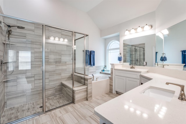 3721 Homeplace Dr, Celina, TX 75009 - full bathroom featuring vanity, a stall shower, lofted ceiling, a garden tub, and tile patterned flooring