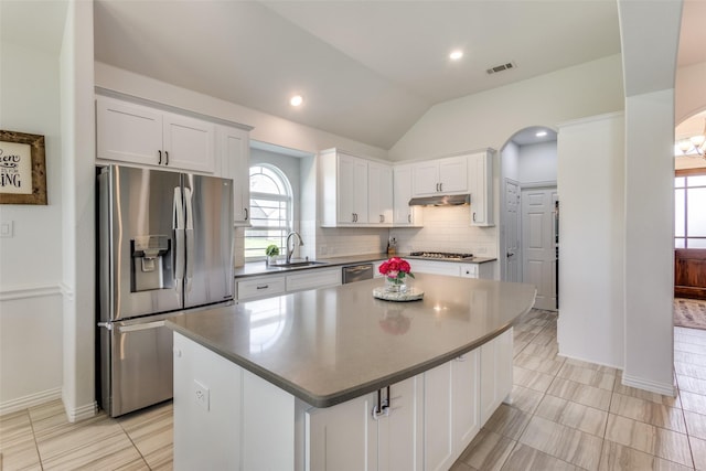 3721 Homeplace Dr, Celina, TX 75009 - kitchen with appliances with stainless steel finishes, decorative backsplash, lofted ceiling, under cabinet range hood, and white cabinetry