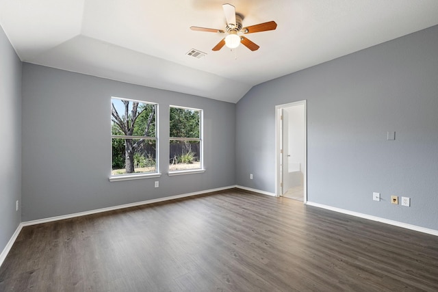 9304 Warren Dr, Mckinney, TX 75071 - spare room featuring dark wood finished floors, baseboards, lofted ceiling, and a ceiling fan