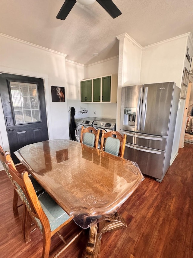 3163 Ranch Rd, Athens, TX 75751 - dining room featuring crown molding, dark wood-type flooring, washer / clothes dryer, ceiling fan, and a textured ceiling