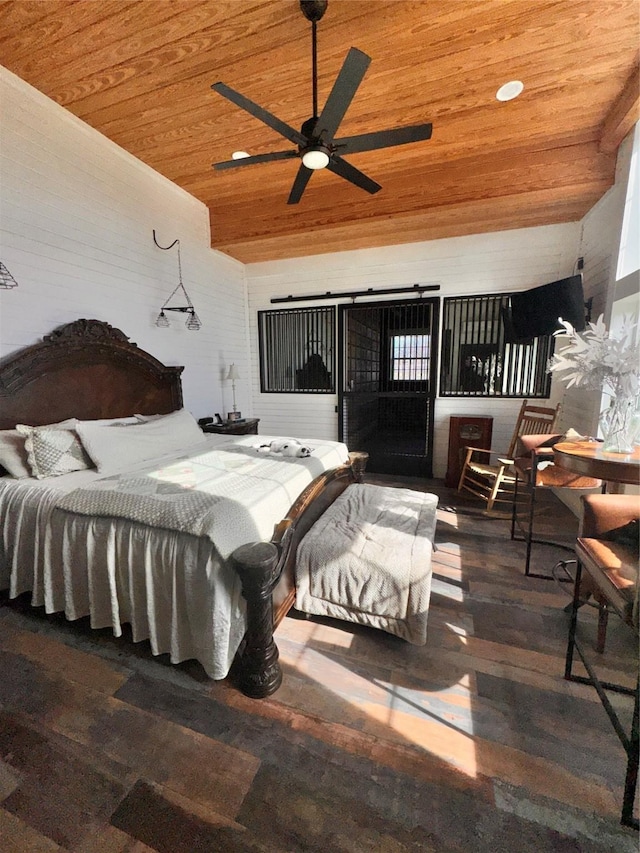 3163 Ranch Rd, Athens, TX 75751 - bedroom featuring wooden ceiling, wood finished floors, lofted ceiling, recessed lighting, and a ceiling fan