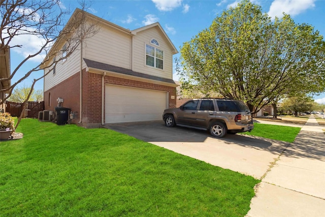 view of side of property with central AC, a lawn, a garage, brick siding, and driveway
