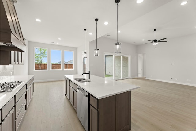2109 Stratford Rd, Rockwall, TX 75087 - kitchen with premium range hood, stainless steel appliances, light wood-style flooring, dark brown cabinetry, and baseboards