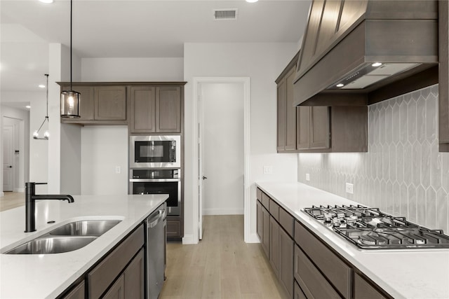 2109 Stratford Rd, Rockwall, TX 75087 - kitchen with stainless steel appliances, premium range hood, a sink, light wood finished floors, and backsplash