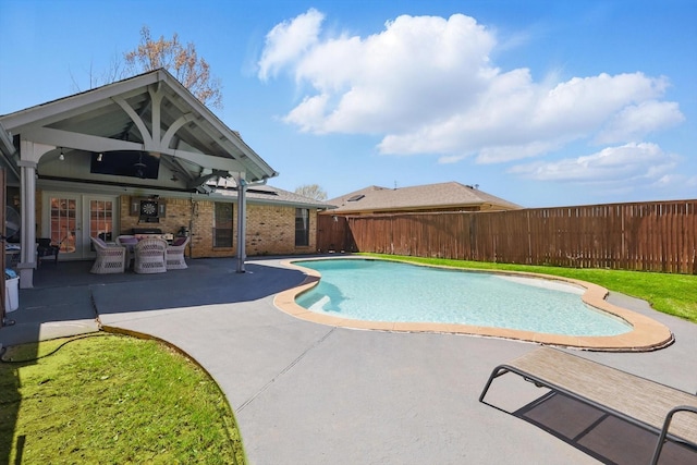 906 Fairfield Ln, Flower Mound, TX 75028 - view of swimming pool with french doors, a fenced backyard, and a patio