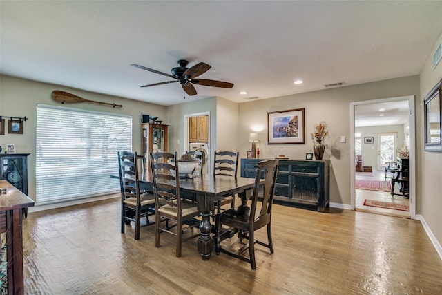 9705 Twin Creek Dr, Dallas, TX 75228 - dining room featuring recessed lighting, a ceiling fan, light wood-type flooring, and baseboards