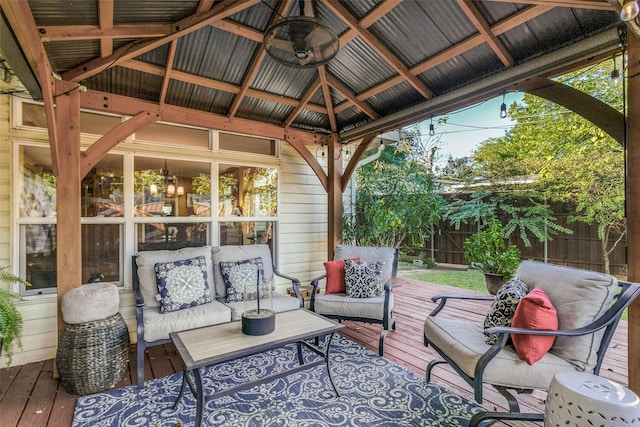 9705 Twin Creek Dr, Dallas, TX 75228 - view of patio with outdoor lounge area, a deck, a gazebo, fence, and a ceiling fan