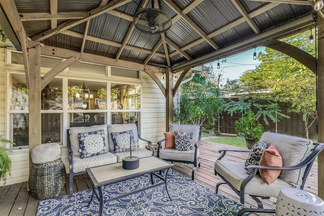 9705 Twin Creek Dr, Dallas, TX 75228 - view of patio / terrace with an outdoor living space, a gazebo, a wooden deck, fence, and a ceiling fan
