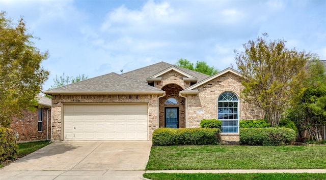 view of front of property featuring a front yard, roof with shingles, concrete driveway, brick siding, and a garage