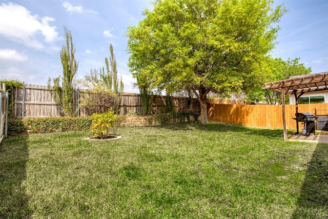 view of yard with a fenced backyard and a pergola