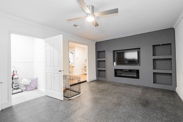 329 W Ferndale Ln, Grand Prairie, TX 75052 - unfurnished living room featuring visible vents, baseboards, ceiling fan, built in shelves, and a glass covered fireplace