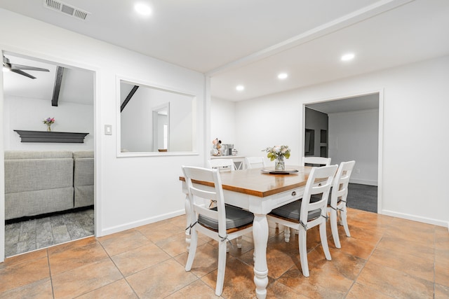329 W Ferndale Ln, Grand Prairie, TX 75052 - dining area with baseboards, visible vents, recessed lighting, and a ceiling fan