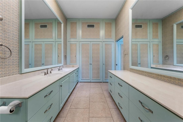full bath featuring visible vents, tile patterned flooring, vanity, and wallpapered walls