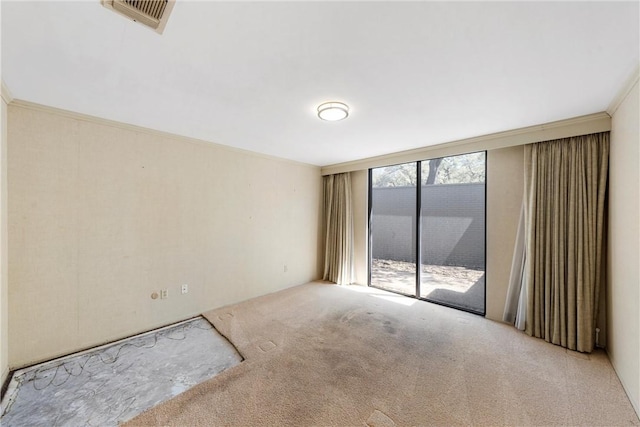 empty room featuring visible vents, carpet, and ornamental molding