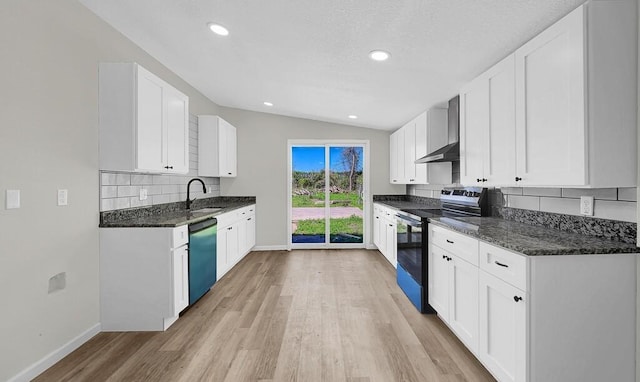 1541 Clark Ave, Waco, TX 76708 - kitchen with light wood finished floors, dishwashing machine, lofted ceiling, black electric range, and decorative backsplash