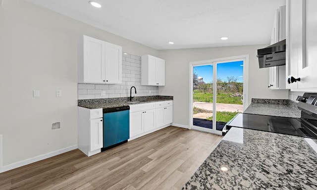 1541 Clark Ave, Waco, TX 76708 - kitchen featuring range hood, dishwasher, dark stone counters, electric stove, and backsplash