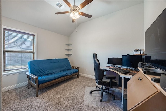 4711 Bering Dr, Sanger, TX 76266 - office featuring vaulted ceiling, baseboards, ceiling fan, and carpet floors