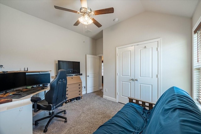 4711 Bering Dr, Sanger, TX 76266 - office area with lofted ceiling, carpet, ceiling fan, and baseboards