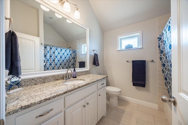 4711 Bering Dr, Sanger, TX 76266 - bathroom with vaulted ceiling, vanity, toilet, tile patterned flooring, and curtained shower