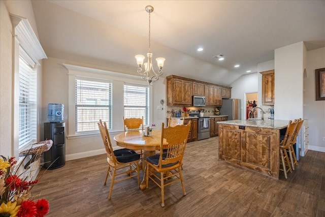 4711 Bering Dr, Sanger, TX 76266 - dining area featuring lofted ceiling, baseboards, a chandelier, dark wood-style flooring, and recessed lighting