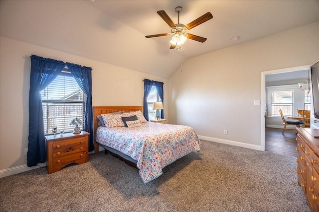 4711 Bering Dr, Sanger, TX 76266 - carpeted bedroom with lofted ceiling, baseboards, and a ceiling fan