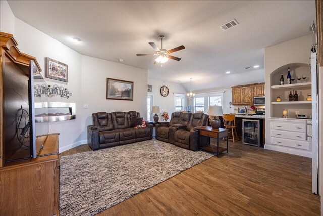 4711 Bering Dr, Sanger, TX 76266 - living area with ceiling fan, dark wood-type flooring, wine cooler, and recessed lighting