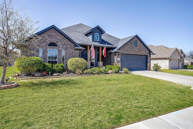 view of front of home featuring a front lawn, a garage, brick siding, and concrete driveway