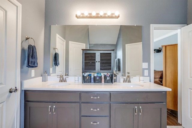 full bathroom featuring double vanity, wood finished floors, and a sink