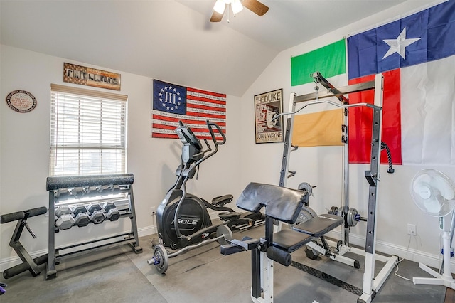 workout area with baseboards, vaulted ceiling, and ceiling fan