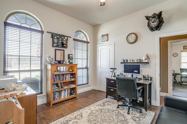 home office featuring dark wood-type flooring and baseboards