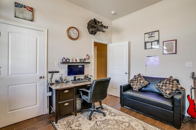 home office with dark wood finished floors